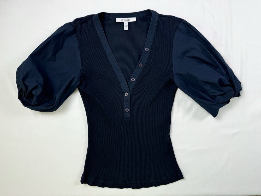 DEREK LAM 10 CROSBY Fallon T Shirt Navy Blue Balloon Puff sleeve ribbed v neck S